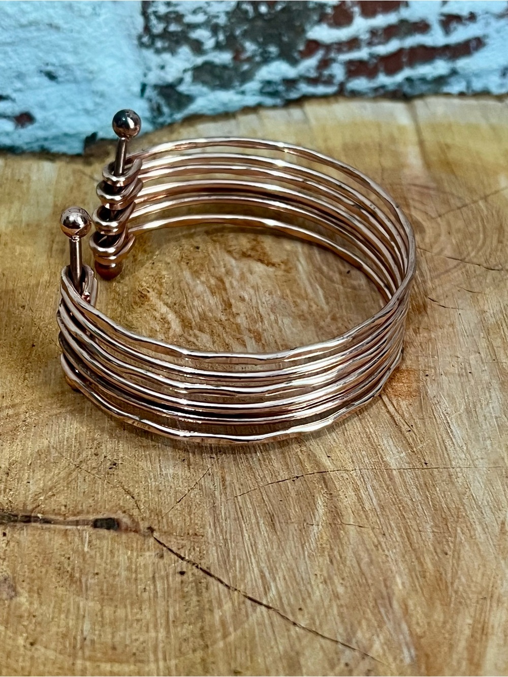 Rustic Hammered Copper Coiled Cuff Bracelet Bangle Stacked Multi Strand